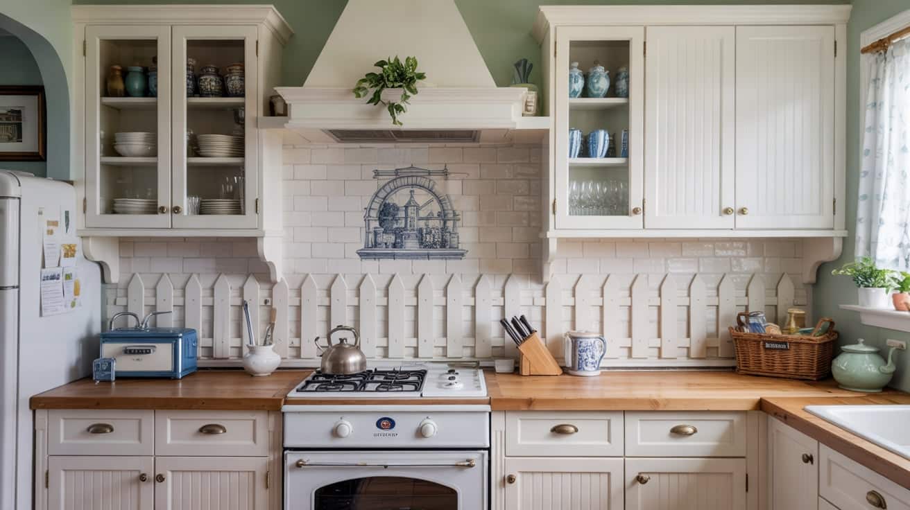 Elongated ceramic picket fence tiles in a crisp white finish creating a dimensional kitchen backsplash.