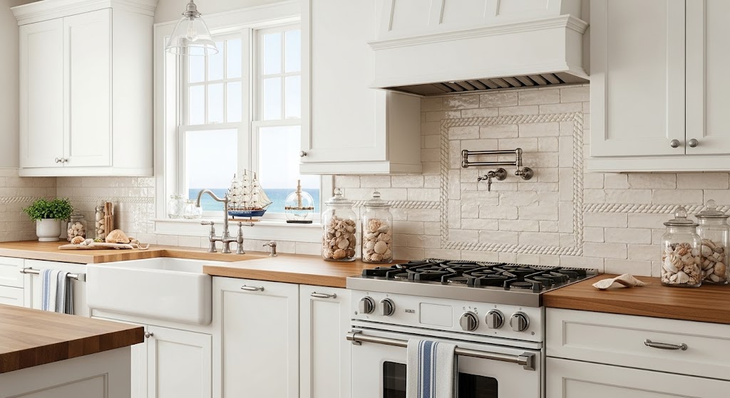 White ceramic backsplash tiles detailed with a subtle, marine-inspired twisted rope border texture.