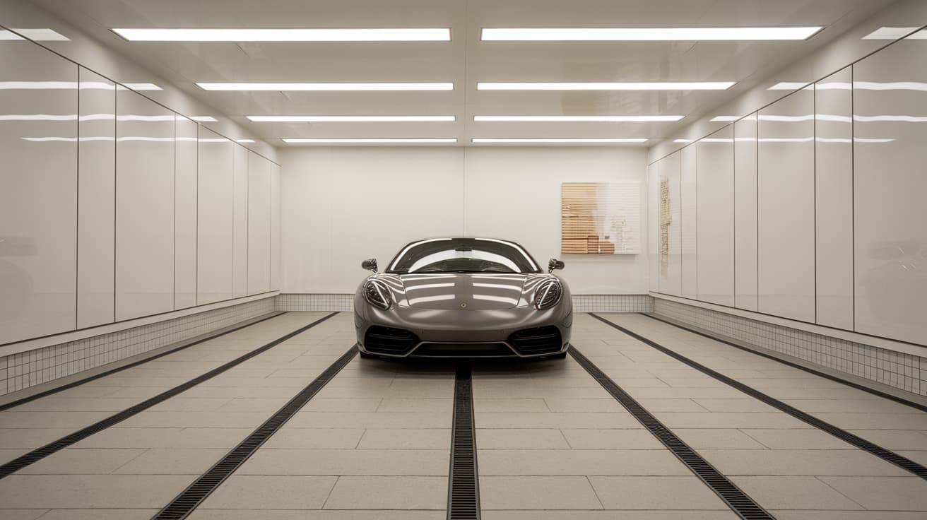 A sleek sports car parked inside a modern showroom-style garage with large, square white floor tiles and bright overhead linear lighting.