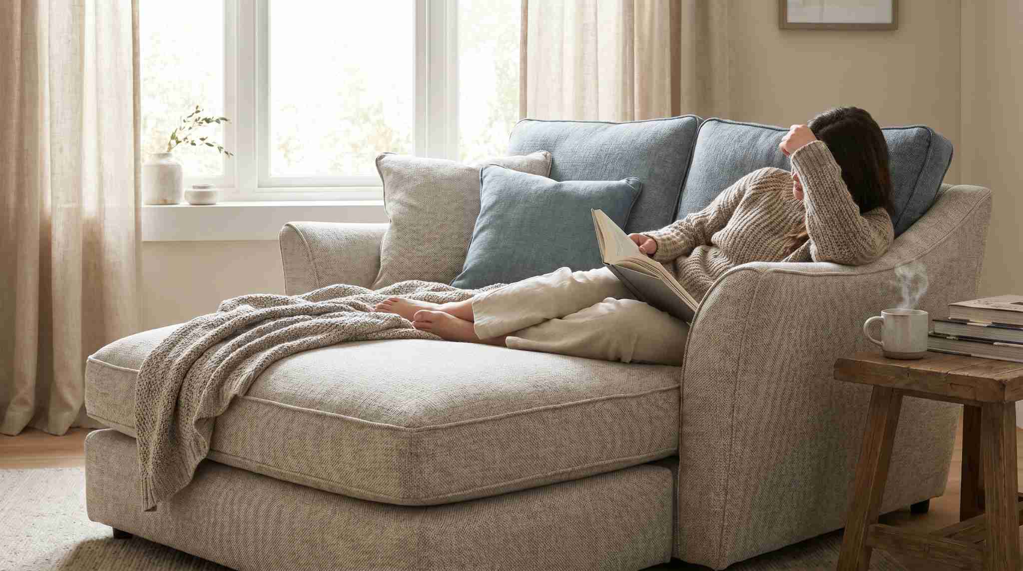 Chaise sofa with extended seating in cozy reading corner with natural light.