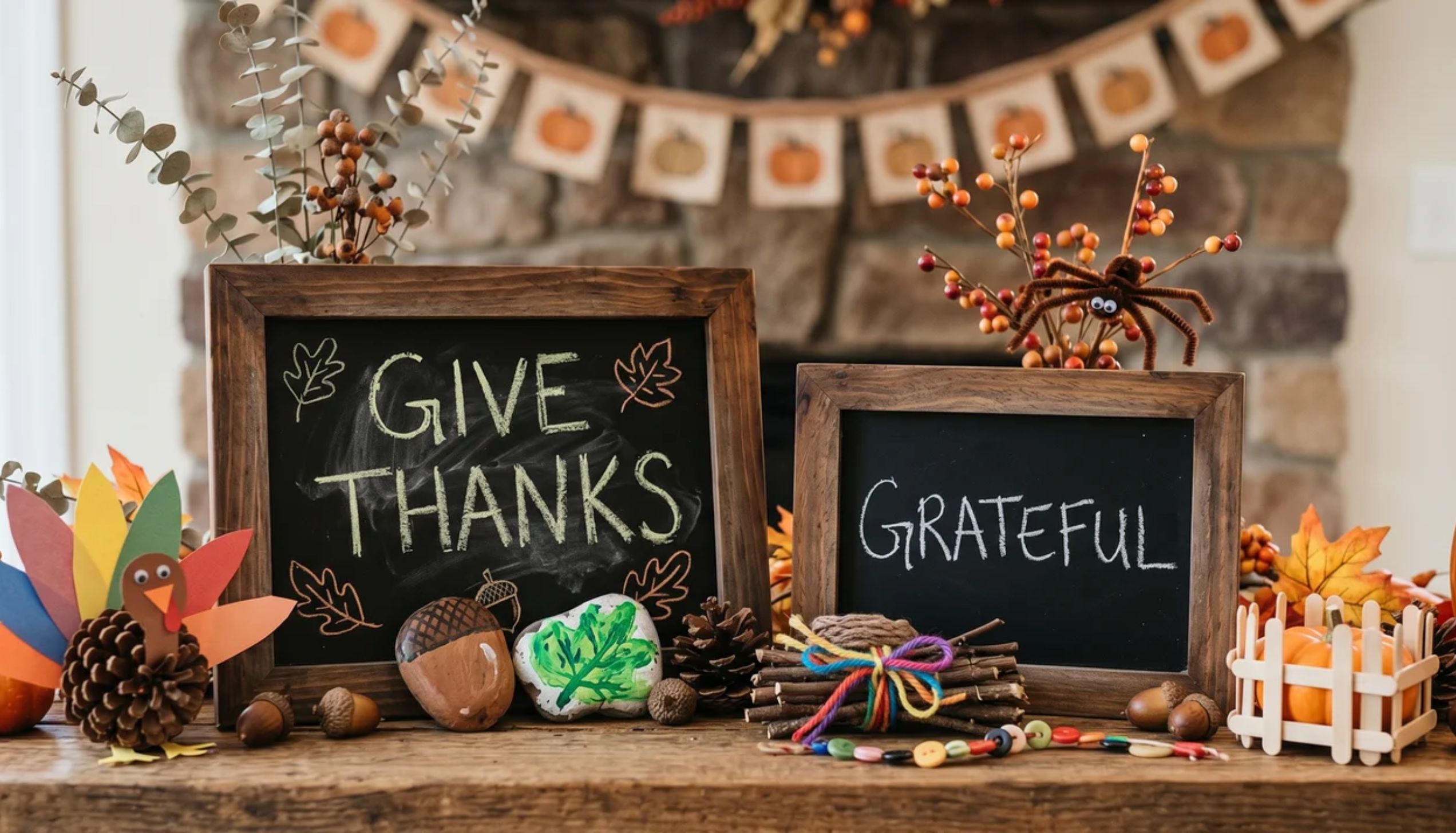 Mini chalkboards with holiday messages next to a pinecone turkey, showcasing easy thanksgiving crafts.