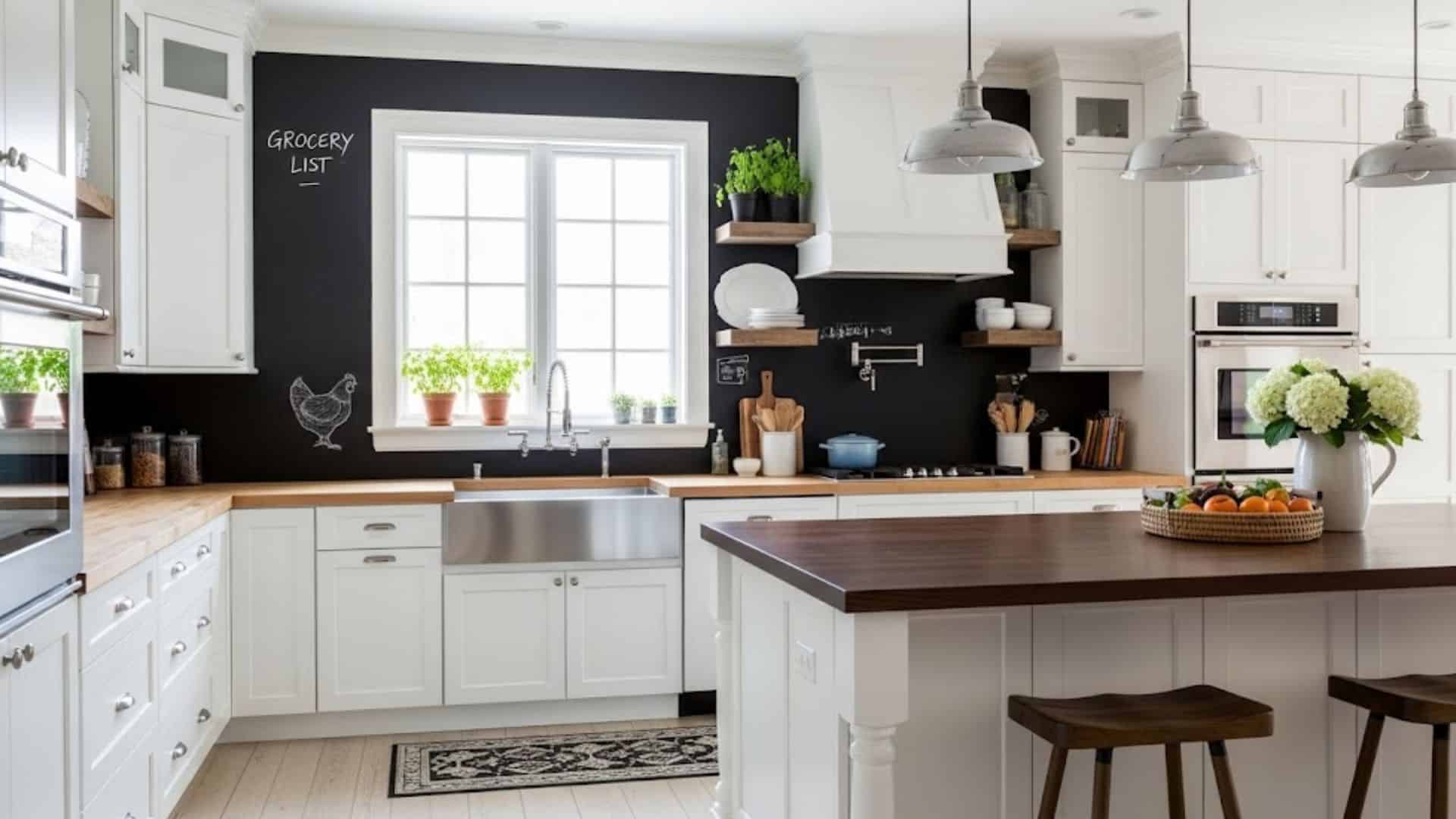 A creative kitchen backsplash finished in matte black chalkboard paint featuring handwritten grocery lists.