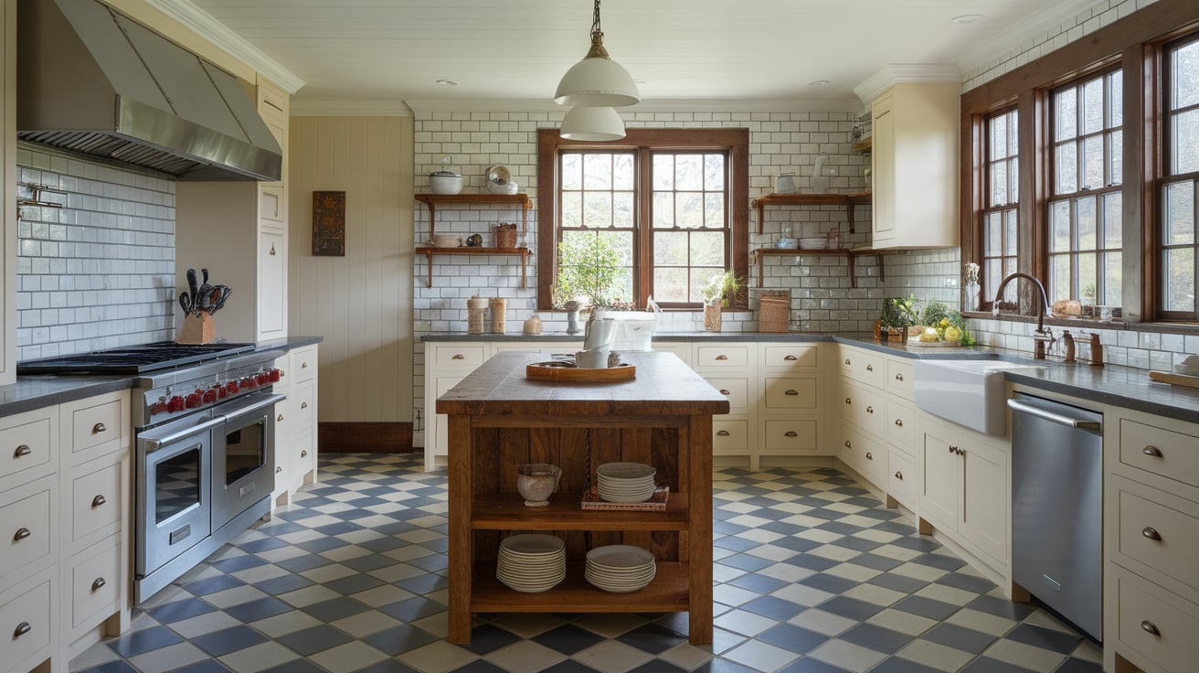 Craftsman kitchen with white cabinets, a central dark wood island, and wide-plank hardwood floors.