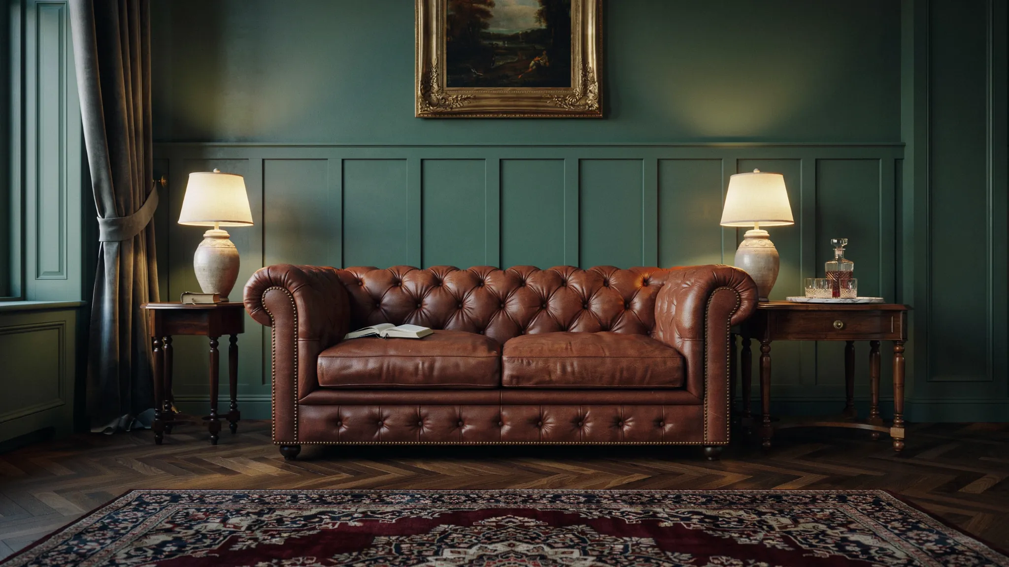 Leather Chesterfield sofa with tufted design in elegant traditional living room with warm lighting.