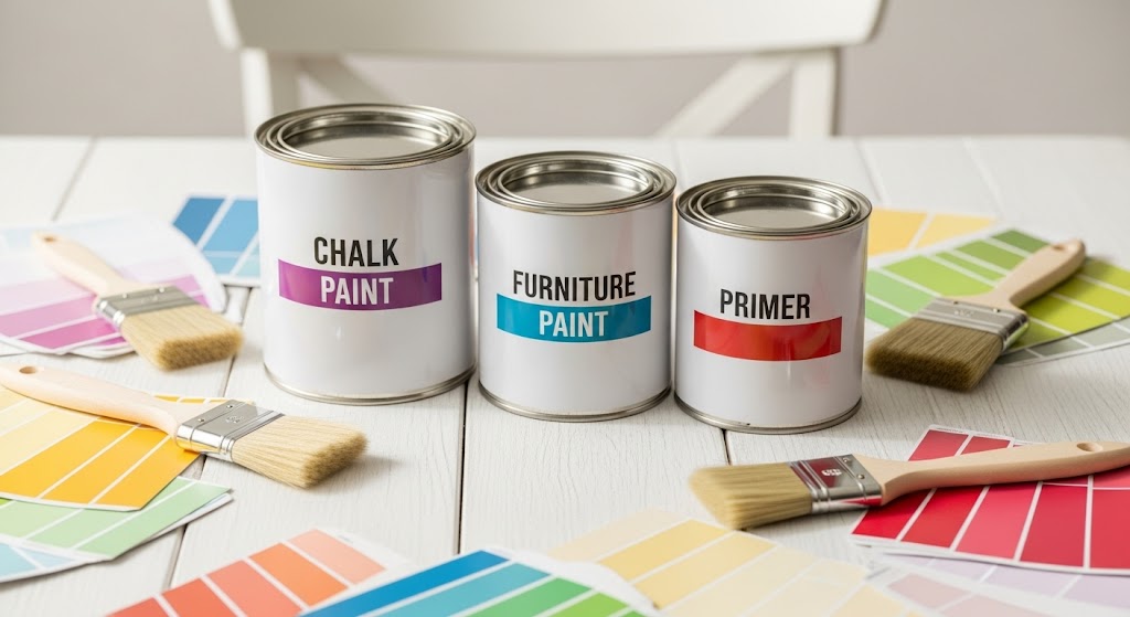 Three paint cans labeled Chalk Paint, Furniture Paint, and Primer sitting on a white surface next to paintbrushes and color swatches.