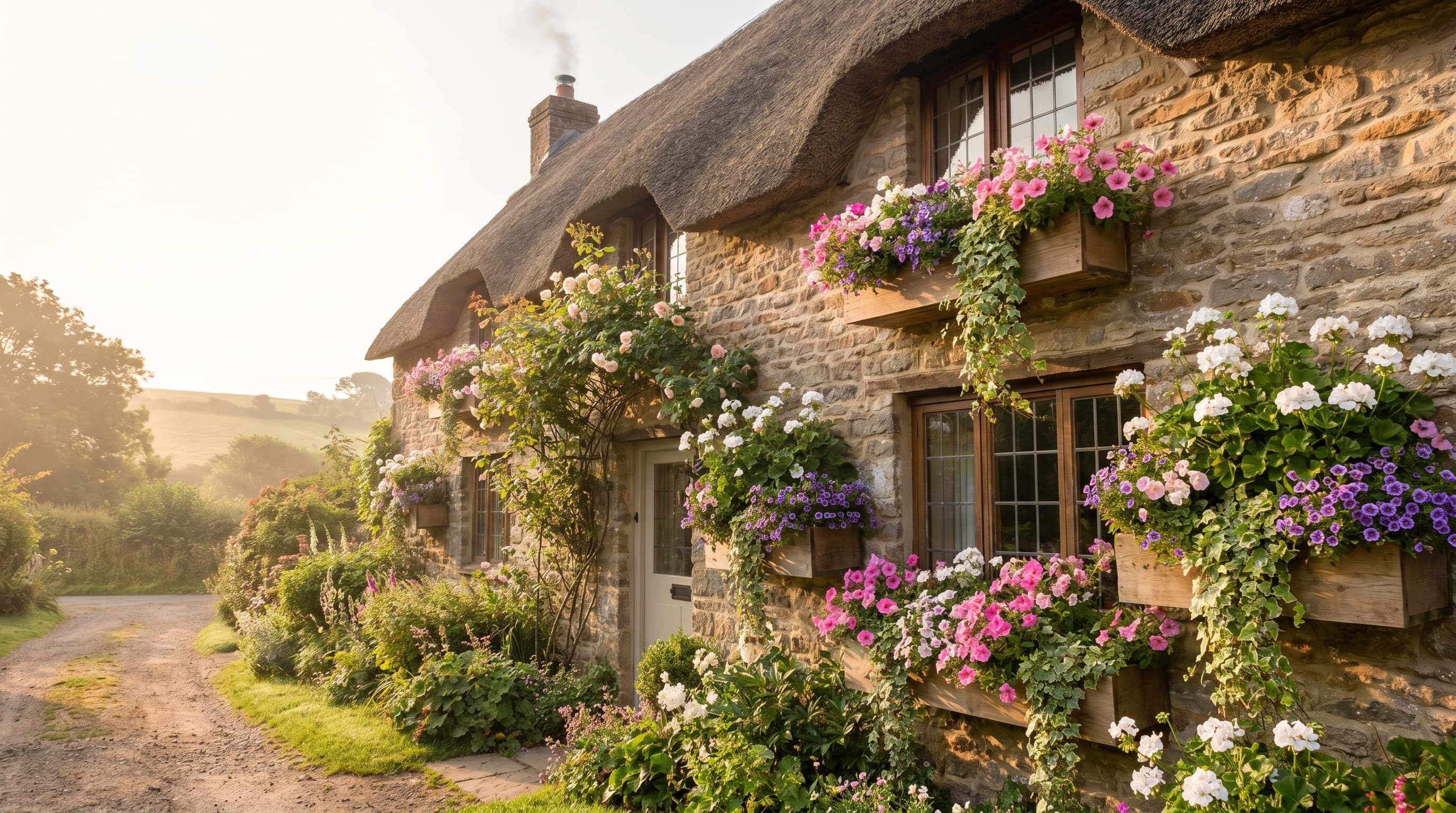 Classic cottage flower window box with white and pale blue blooms, grasses, and trailing greenery.