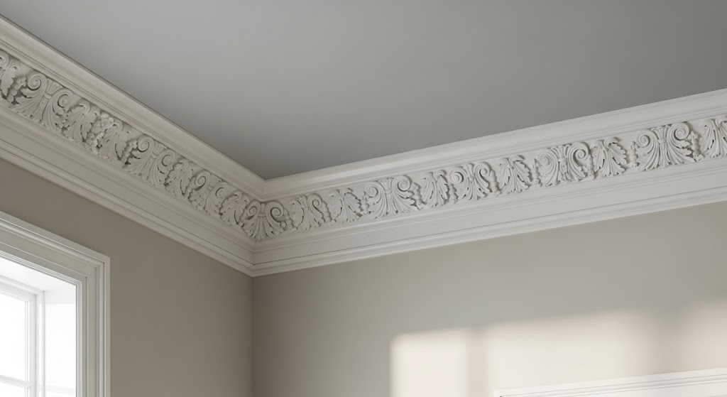 A close-up shot of an elegant, white ornamental crown molding running along the ceiling line of a light gray room with a window.