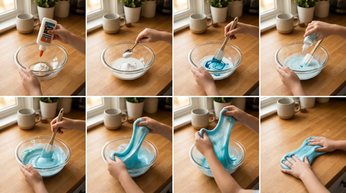 Step-by-step slime making process showing classic slime being prepared in a glass bowl on a cozy kitchen countertop