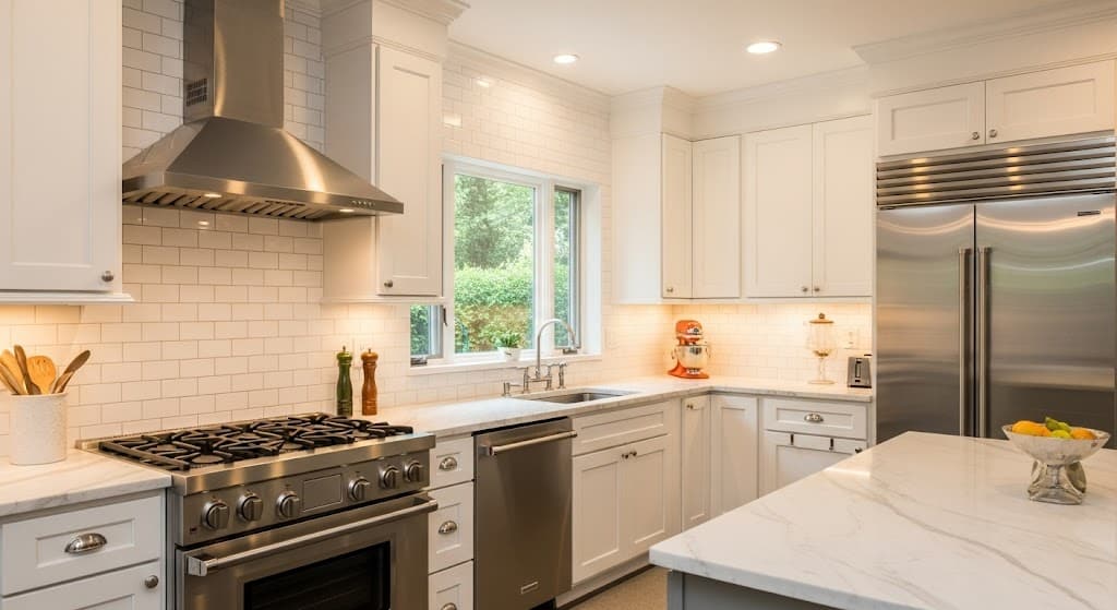 A bright modern kitchen featuring classic white subway tiles with matching white grout behind a large stainless steel range.