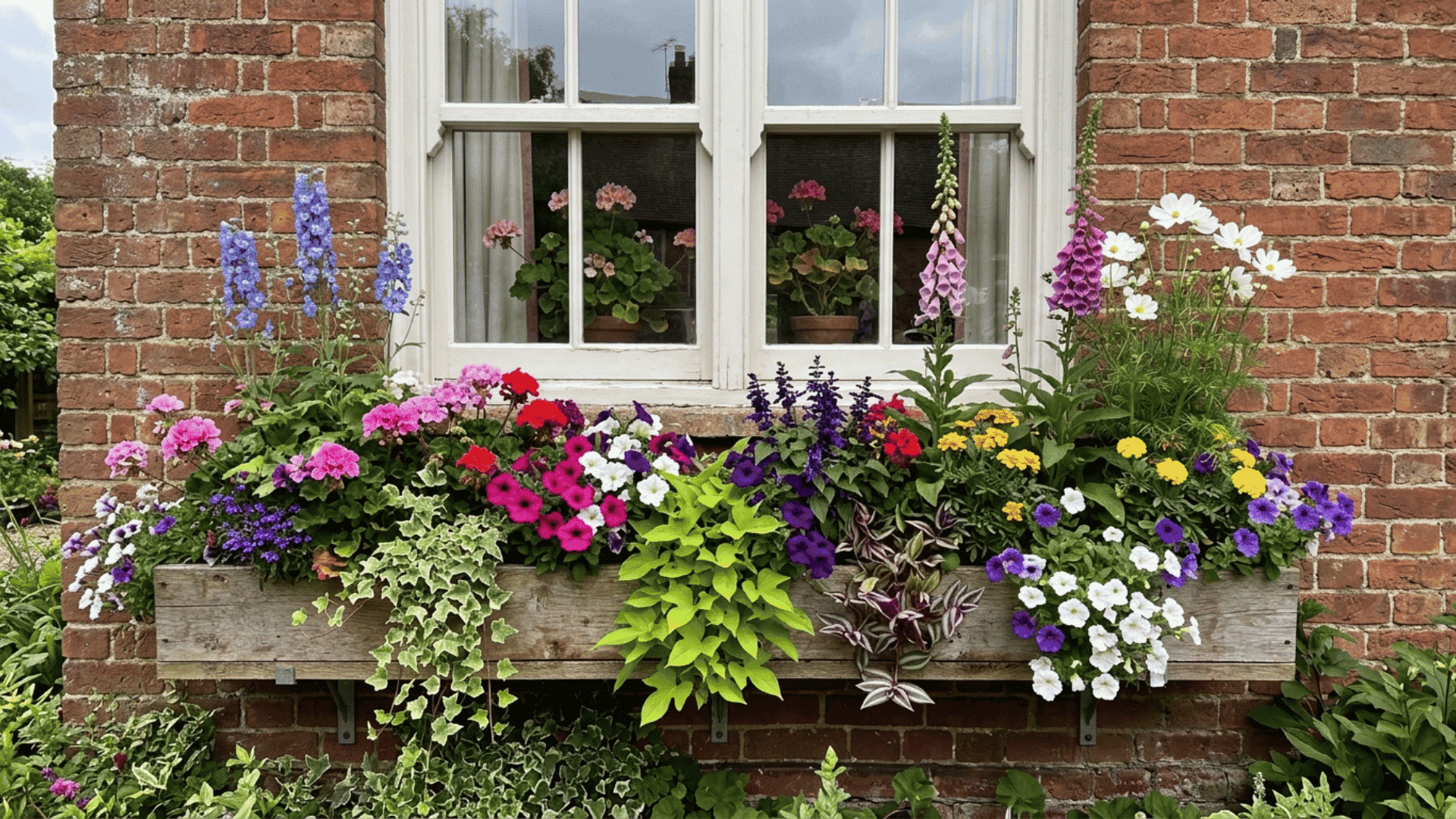 Wooden classic window box mounted on a brick wall, filled with purple, pink, red, yellow, and white flowers with trailing greenery.