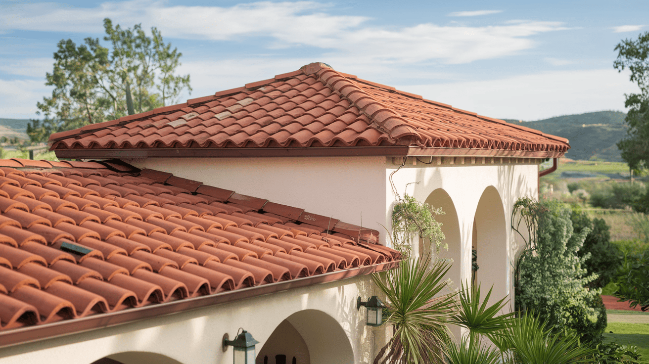 Rows of classic curved, terracotta-colored clay barrel tiles on a Mediterranean-style home roof against a blue sky.