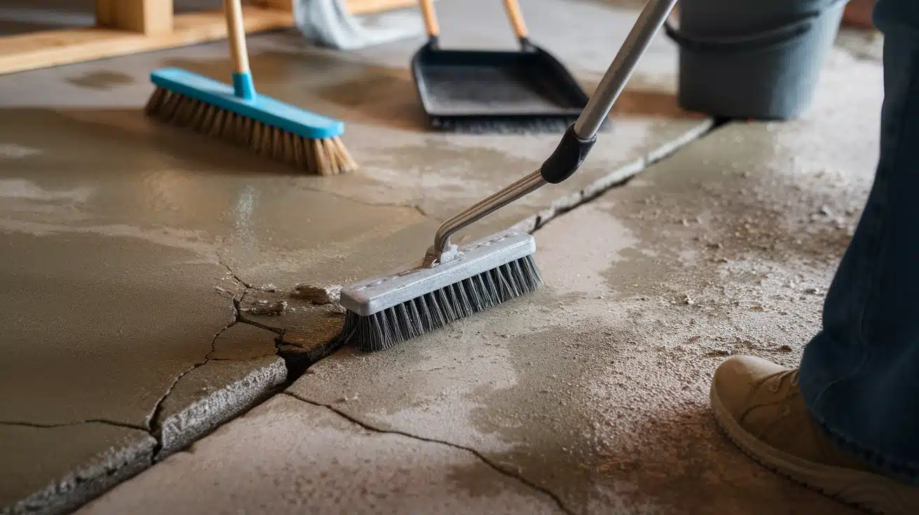 A worker using a stiff bristle push broom to scrub and clean a cracked concrete basement floor.