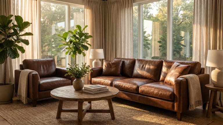 Freshly cleaned brown leather sofa and armchair in a modern living room with natural sunlight, detailed leather texture, and a soft polished finish.