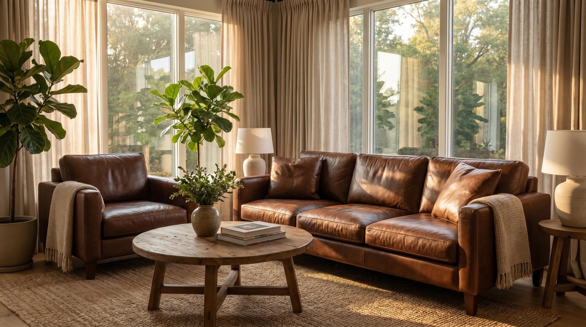 Freshly cleaned brown leather sofa and armchair in a modern living room with natural sunlight, detailed leather texture, and a soft polished finish.