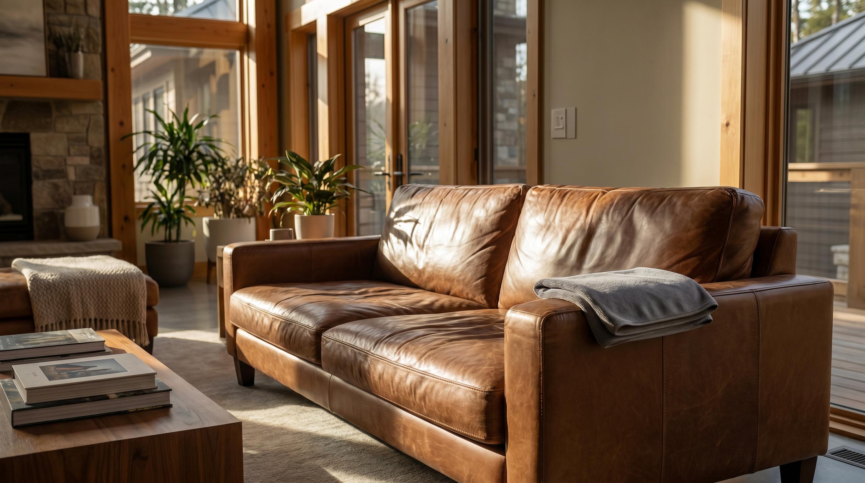 Freshly cleaned brown leather sofa with natural sunlight, detailed leather texture, and a soft polished finish.