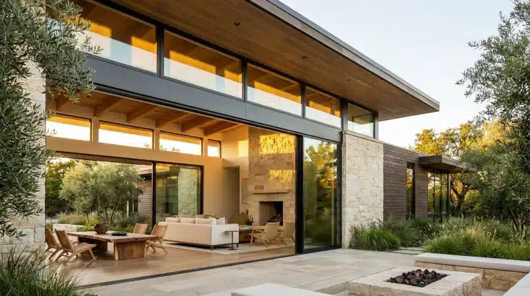 Modern luxury home with clerestory windows bringing natural light into open indoor-outdoor living spaces.