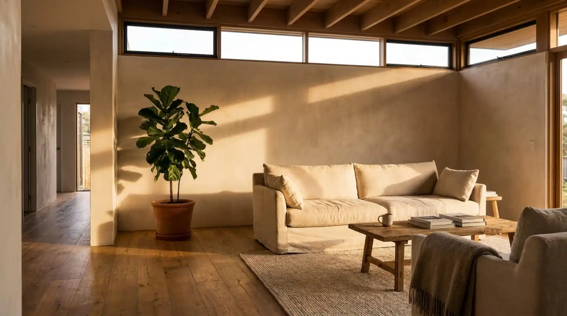 Sunlit modern living room with clerestory windows creating soft natural light and privacy.