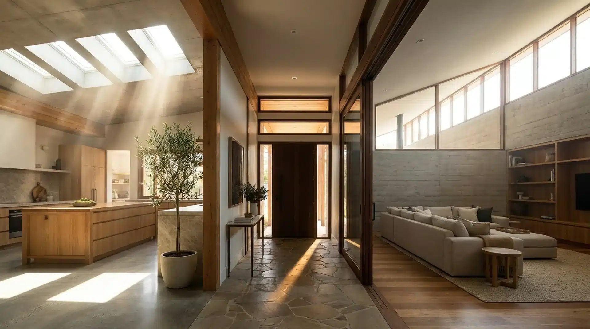 Modern home interior showing clerestory windows, skylights, and transom windows with natural light.