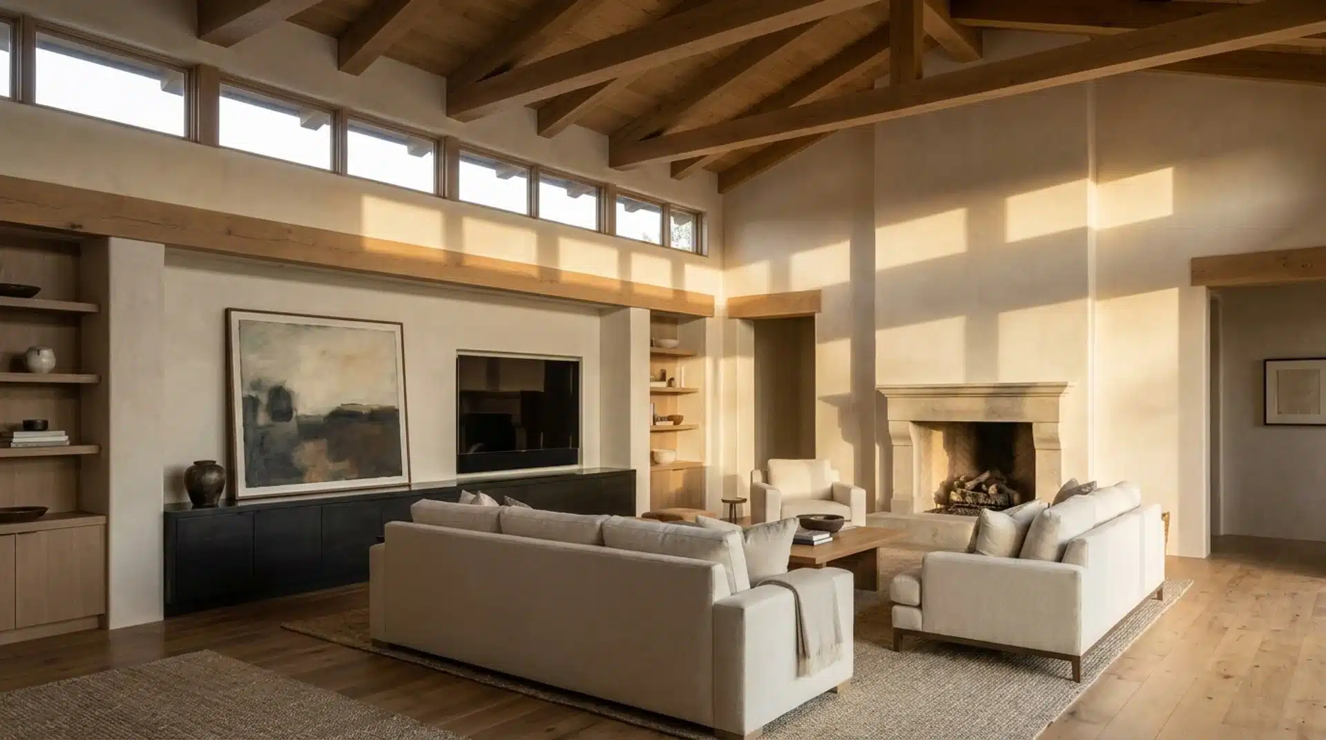 Living room with vaulted ceilings and clerestory windows creating soft ambient natural light.