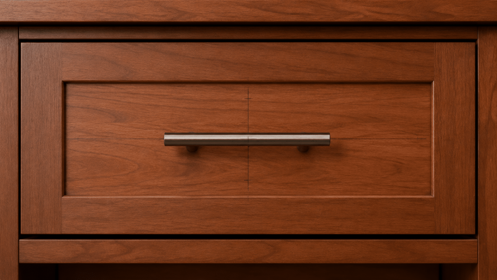 Close-up of a wooden drawer front with a centered brushed metal pull and crosshair guide marks.