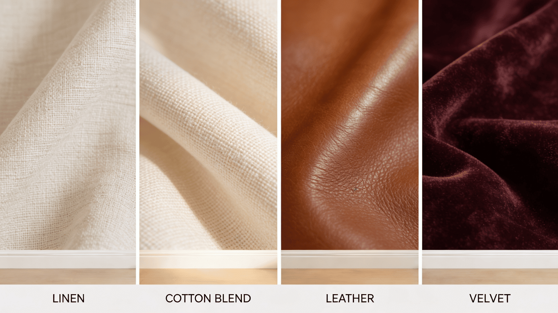 Alt text for the fabric types image: **Close-up of linen, cotton blend, leather, and velvet fabrics side by side.**