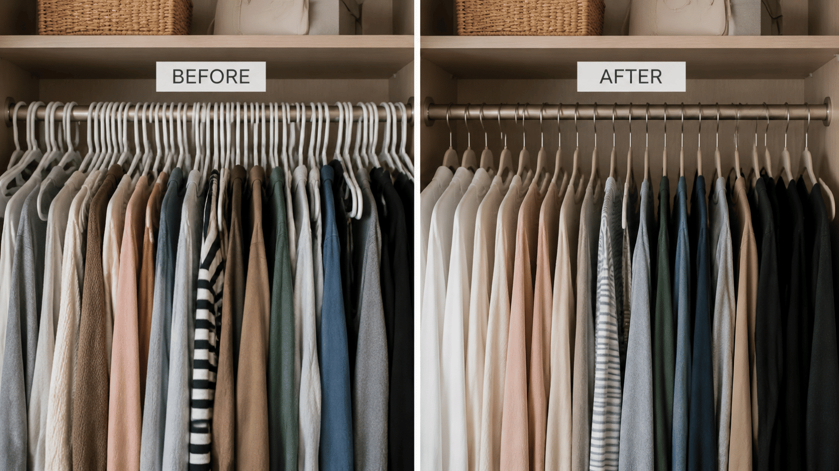 Closet before and after using slim hangers.