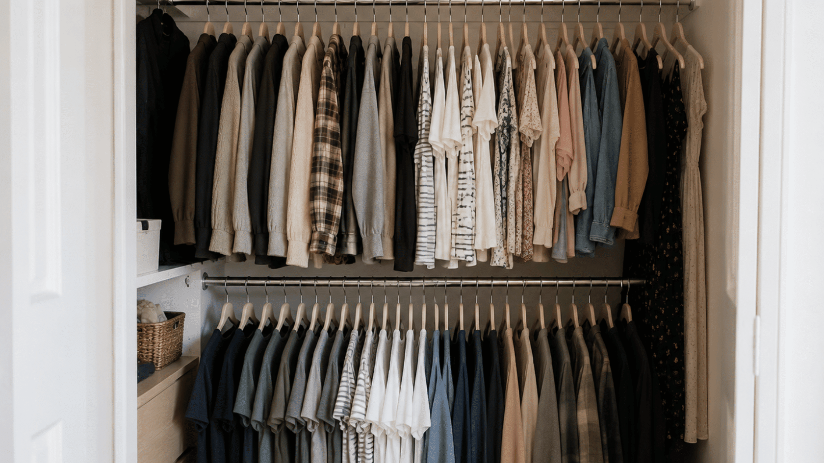 Closet with double hanging rods and folded clothes.