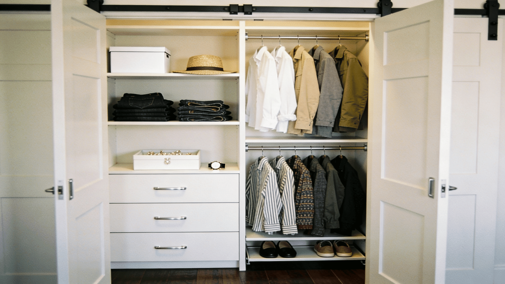Alt text (concise) for thCloset with hanging clothes, folded items, shoes, and storage boxes.