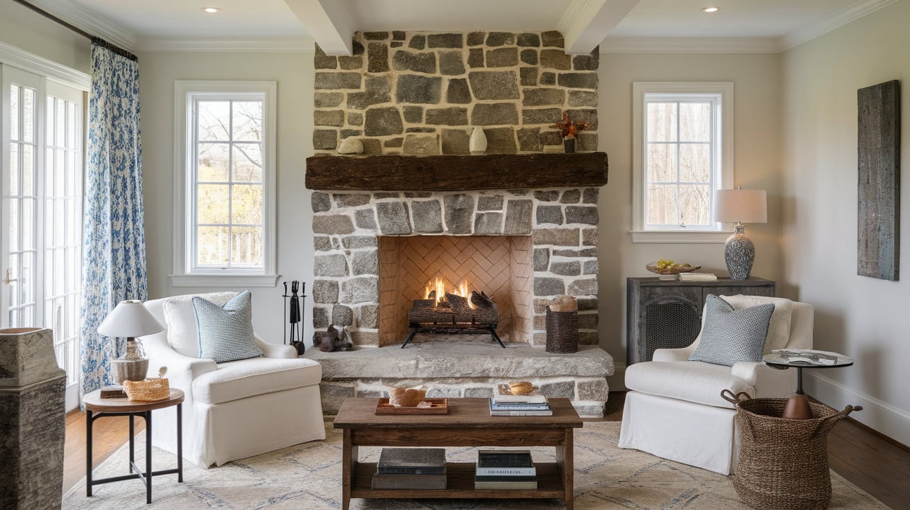 Traditional living room featuring an authentic cobblestone fireplace with a dark, rustic wood mantel.