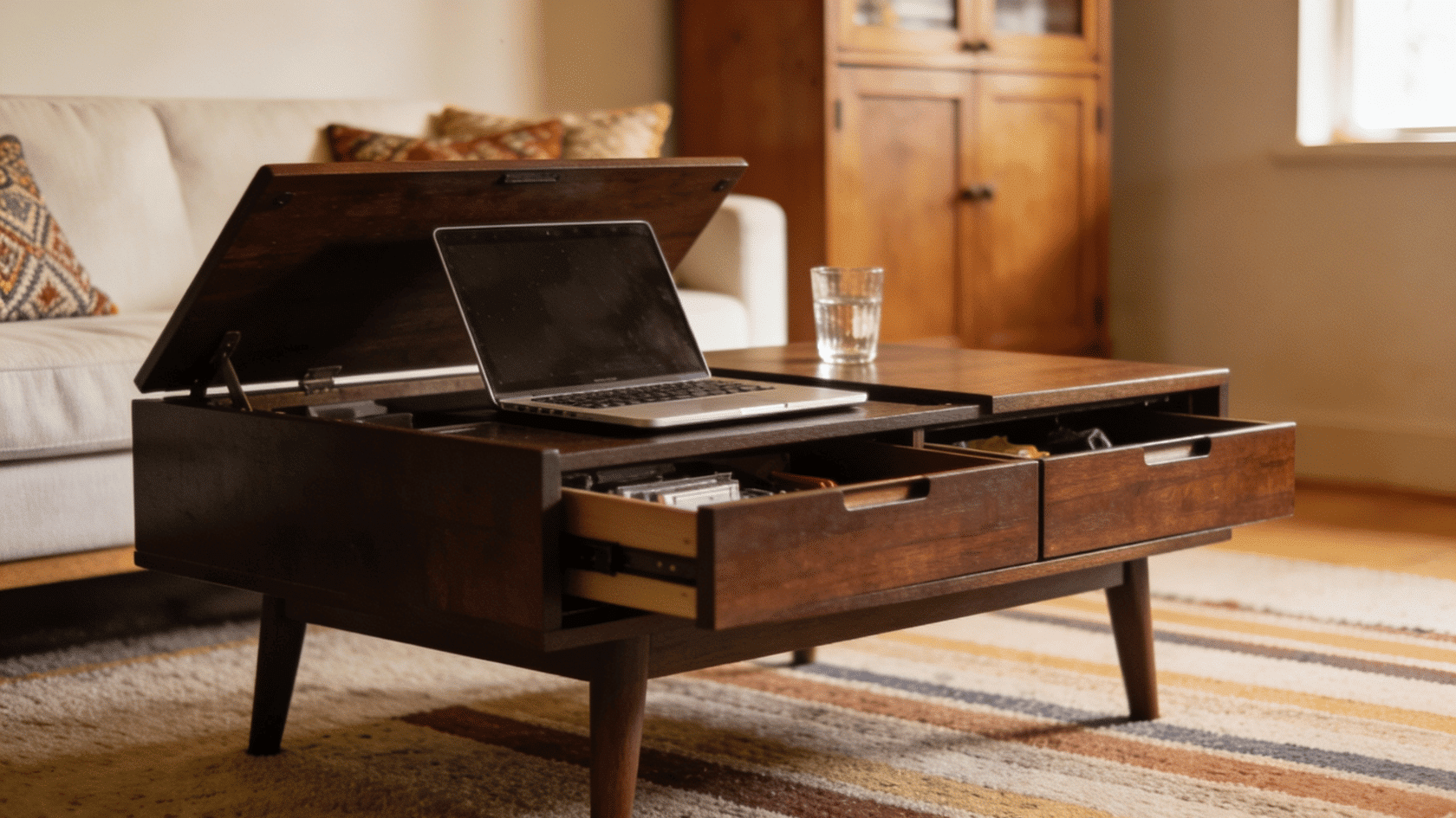 Coffee table with lift-top and storage drawers holding a laptop and small items in a living room.