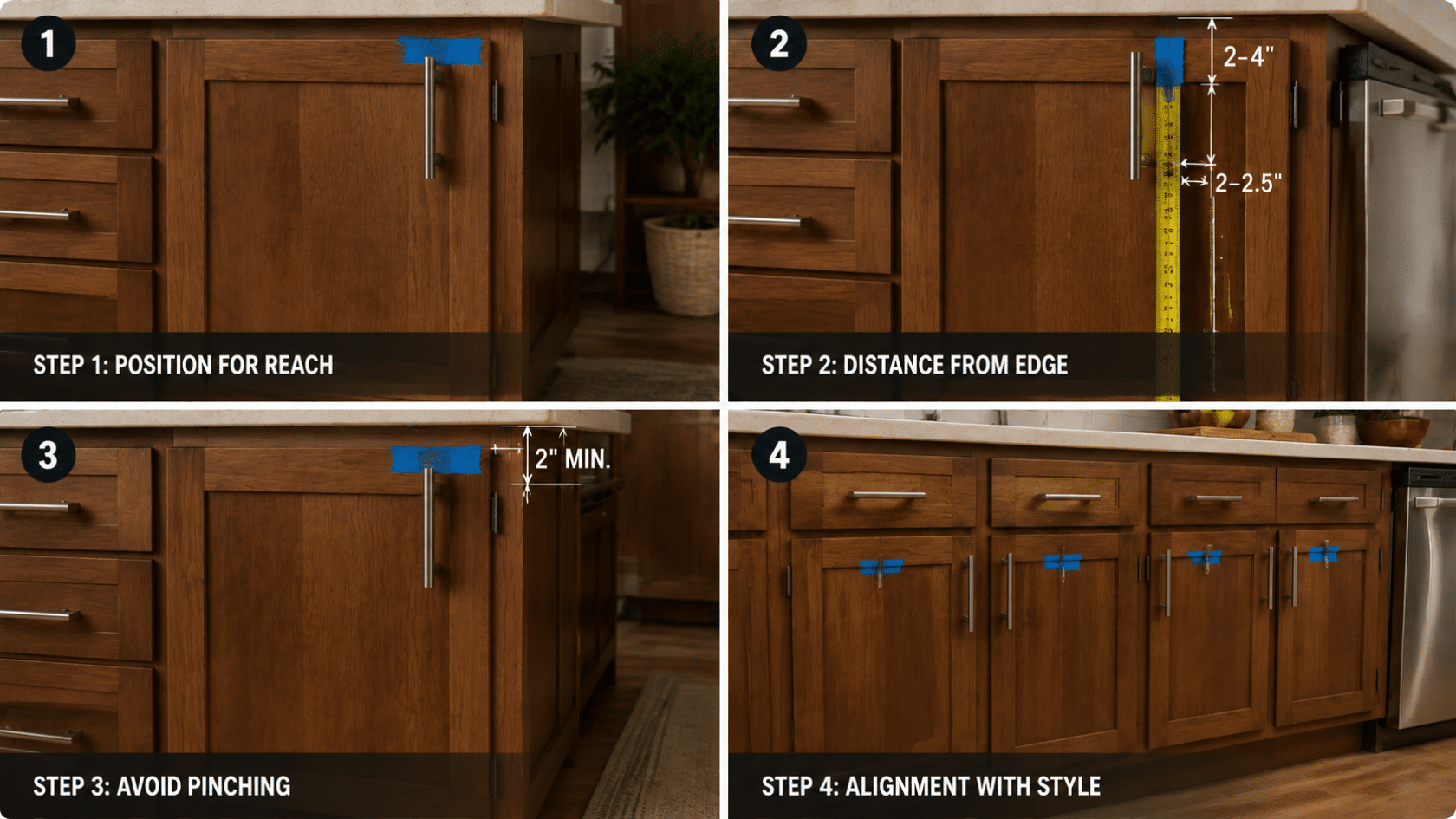 Collage showing four steps to place lower cabinet pulls with measurements, tape, clearance, and alignment in a kitchen setting