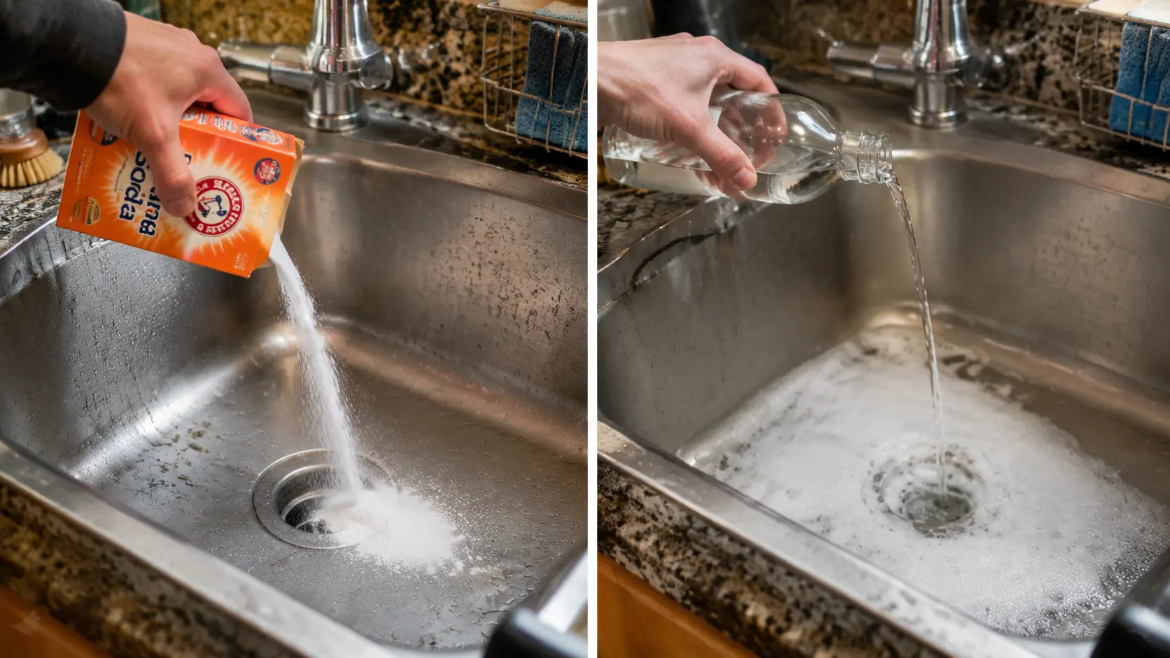 A collage showing baking soda and white vinegar being poured into a kitchen sink.