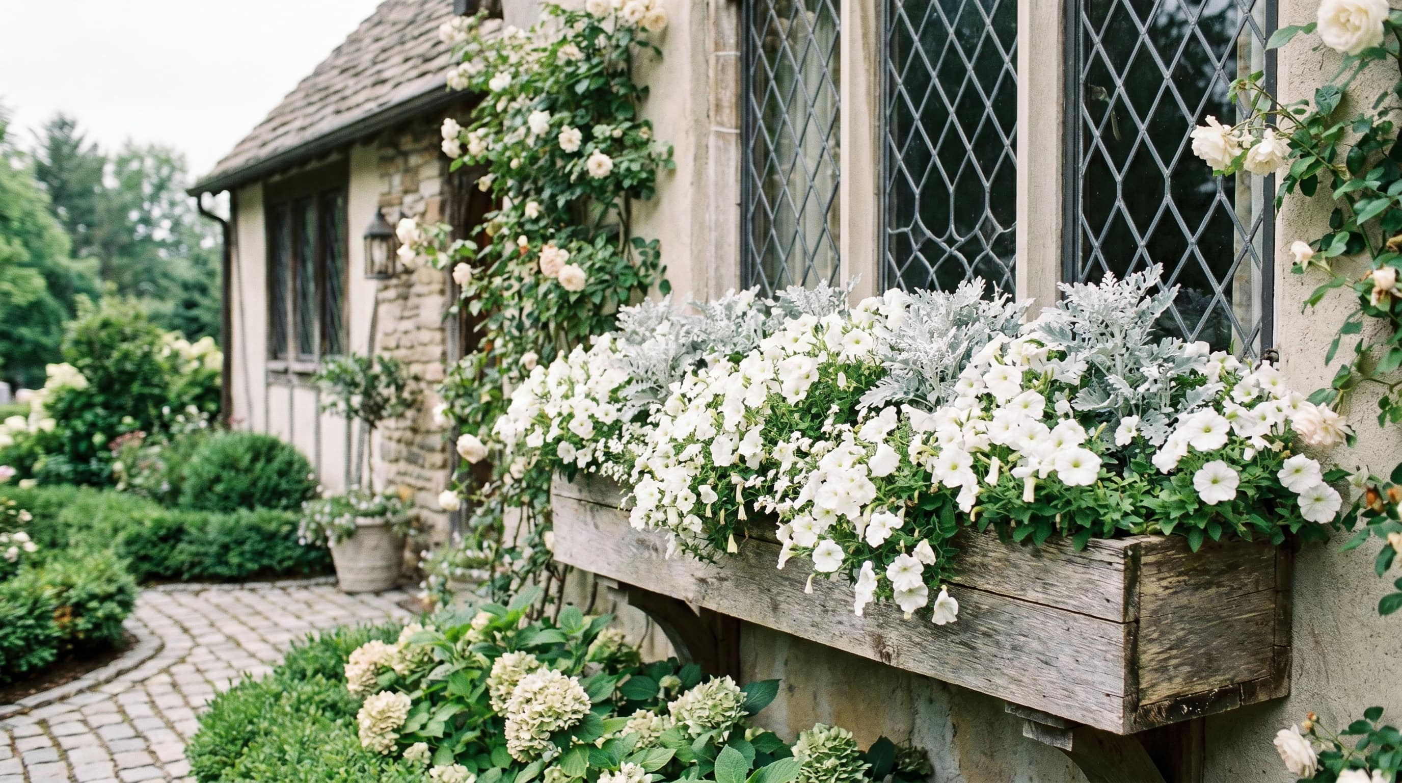 Color-themed window box with red, orange, purple blooms, and lush green foliage.