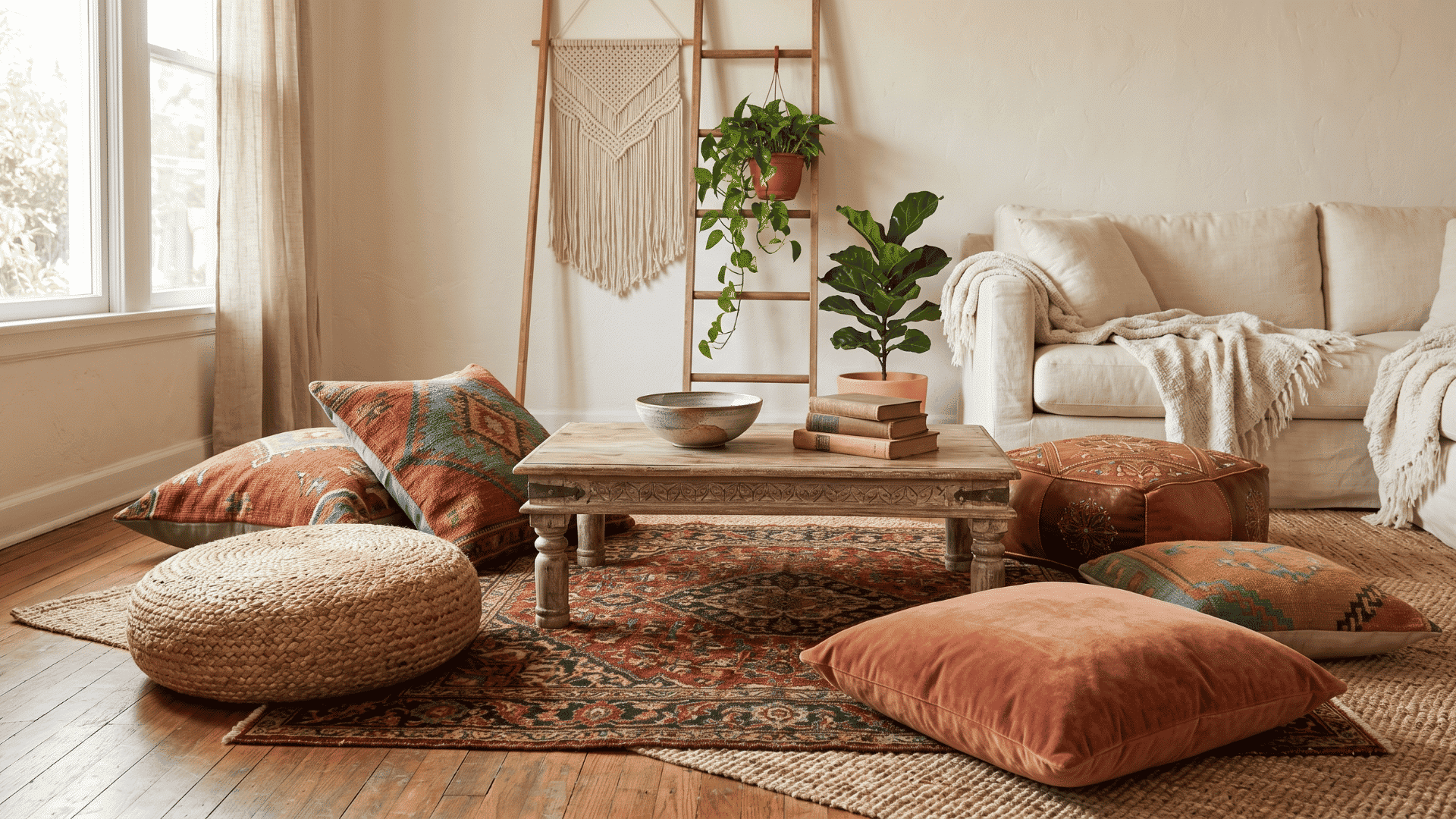 colorful-floor-cushions-and-poufs-arranged-around-a-low-table-in-a-boho-living-room