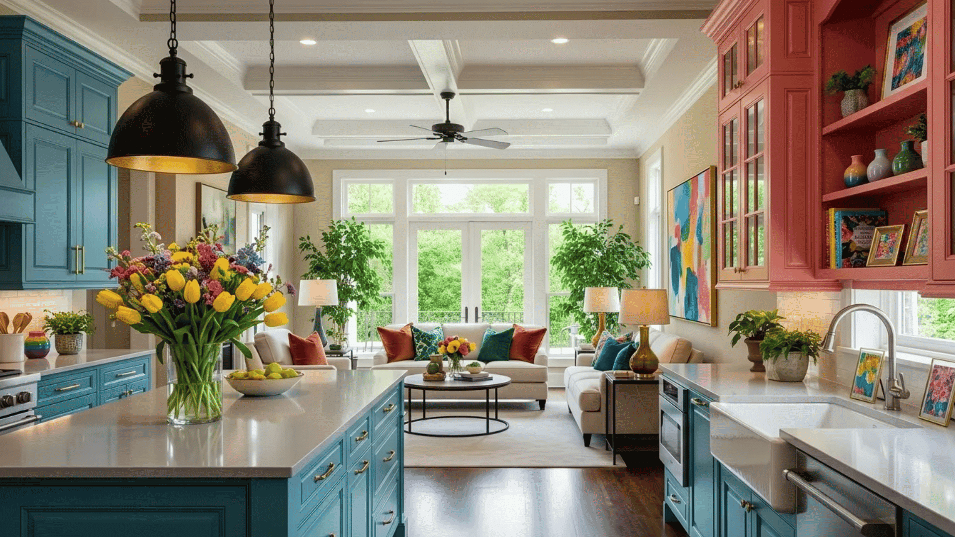 Colorful modern keeping room with bold kitchen cabinets, bright floral accents, and a cozy seating area filled with natural light.