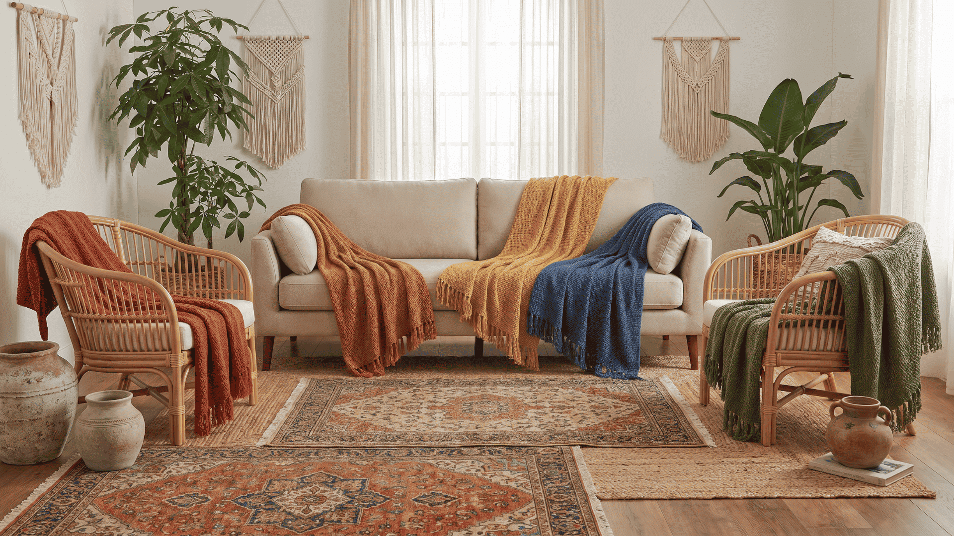 Colorful throw blankets draped over sofa and chairs in a boho living room