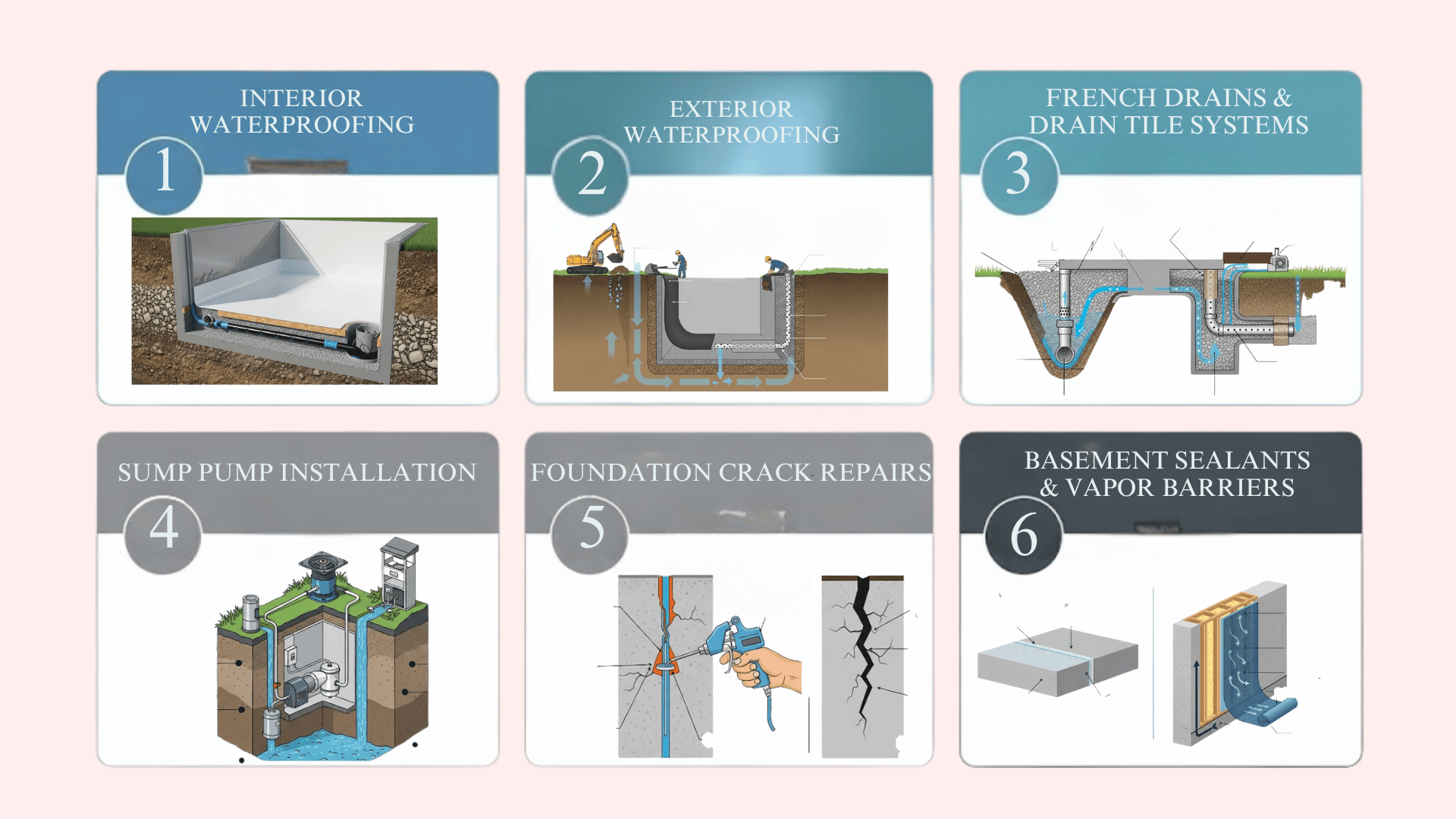 Infographic showing 6 basement waterproofing methods: interior, exterior, French drains, sump pumps, crack repairs, and sealants.