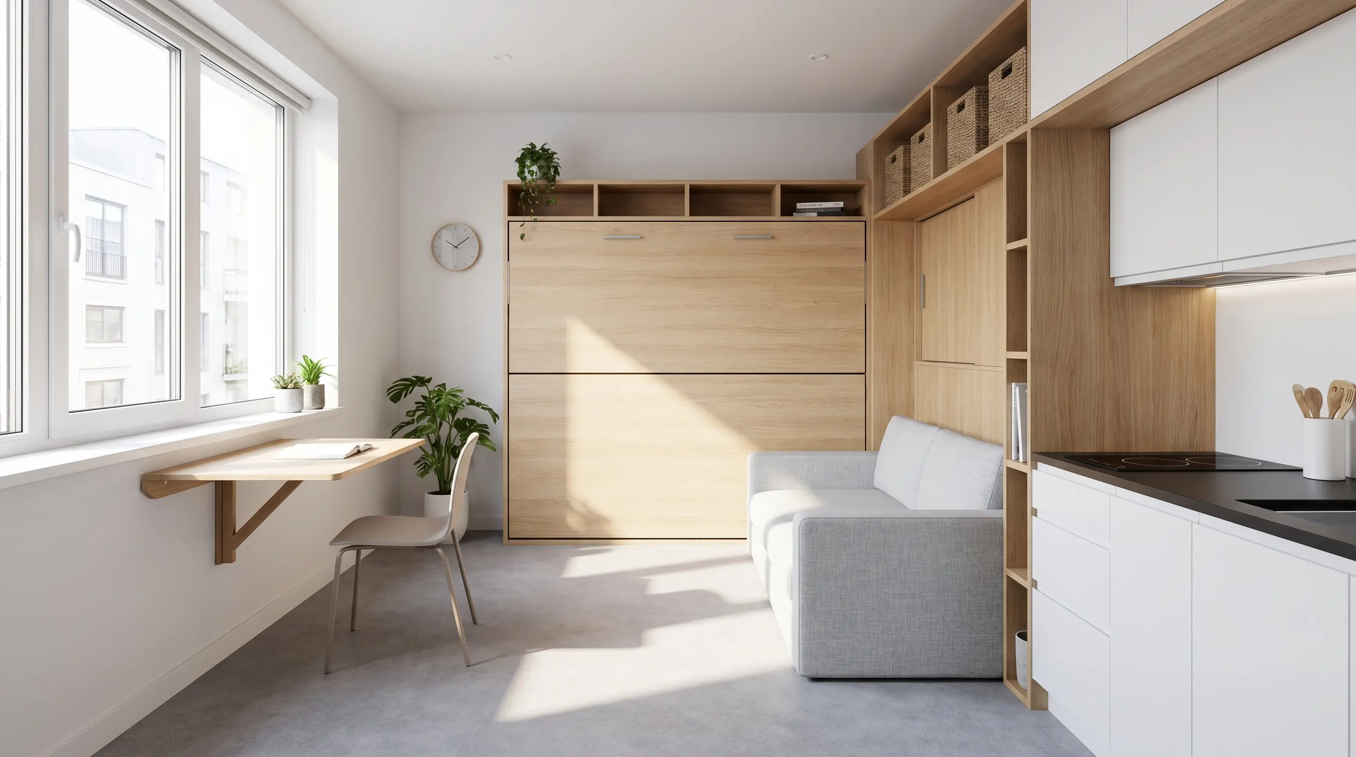 Compact efficiency apartment with a multifunctional layout including foldable furniture, integrated kitchenette, and smart storage solutions in a minimal urban style.
