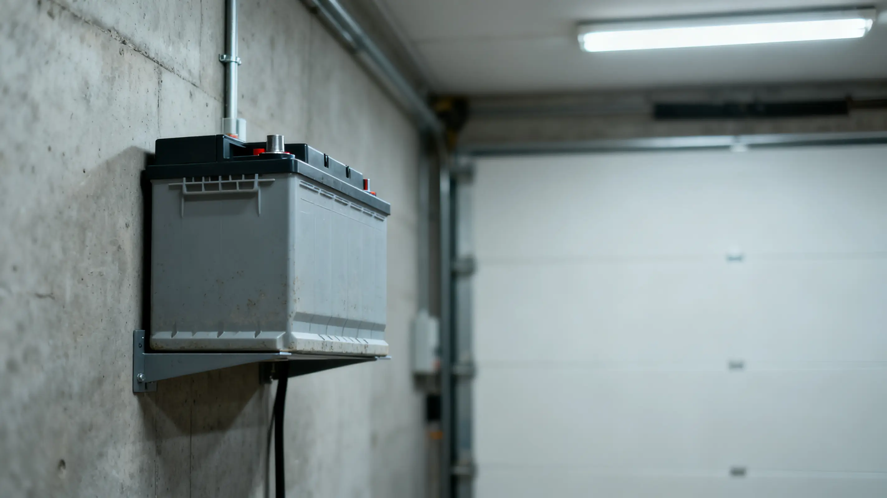 Battery mounted on concrete wall in garage with fluorescent lighting above