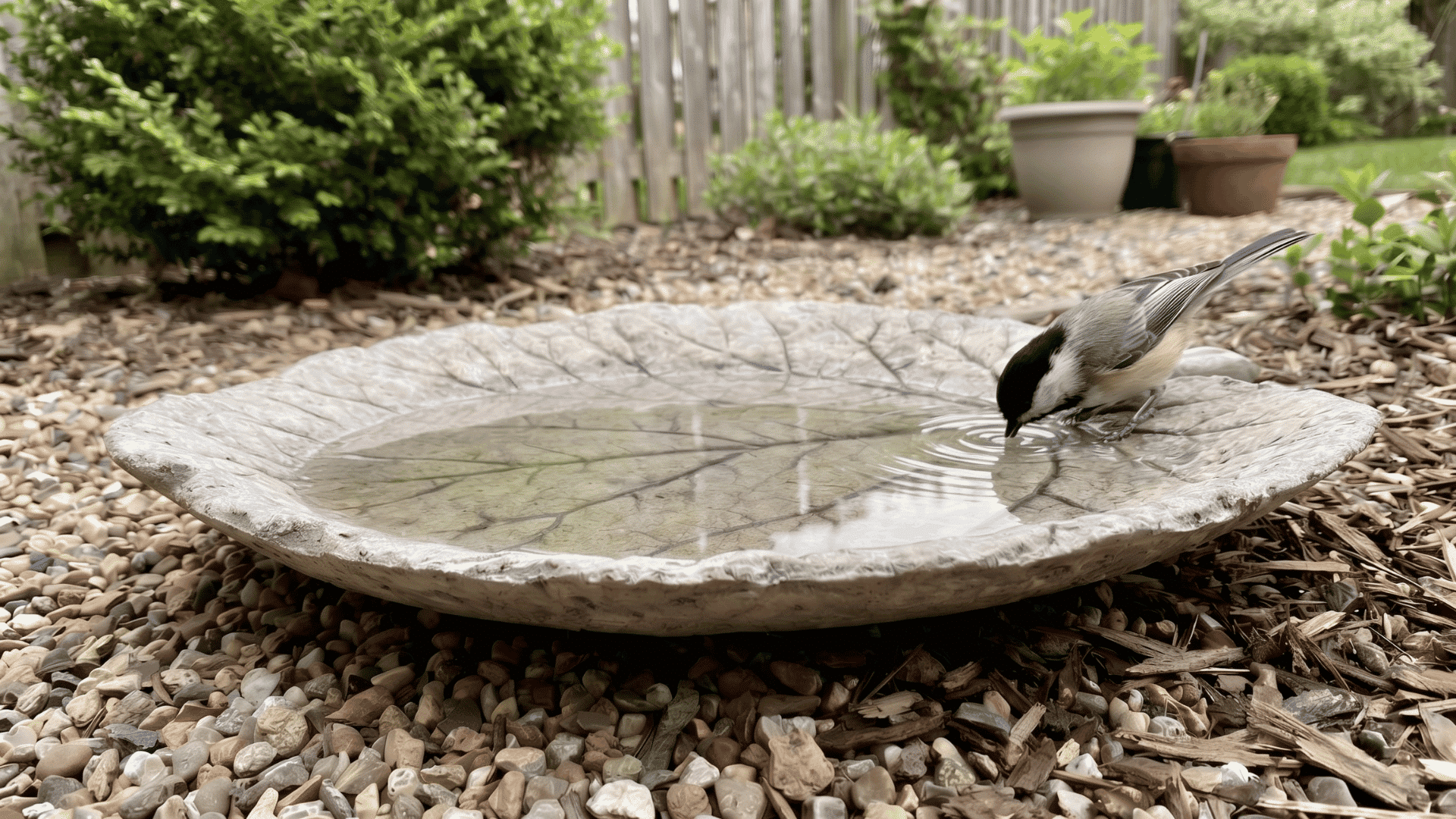 Concrete bird bath with leaf imprint, filled with shallow water, set outdoors.