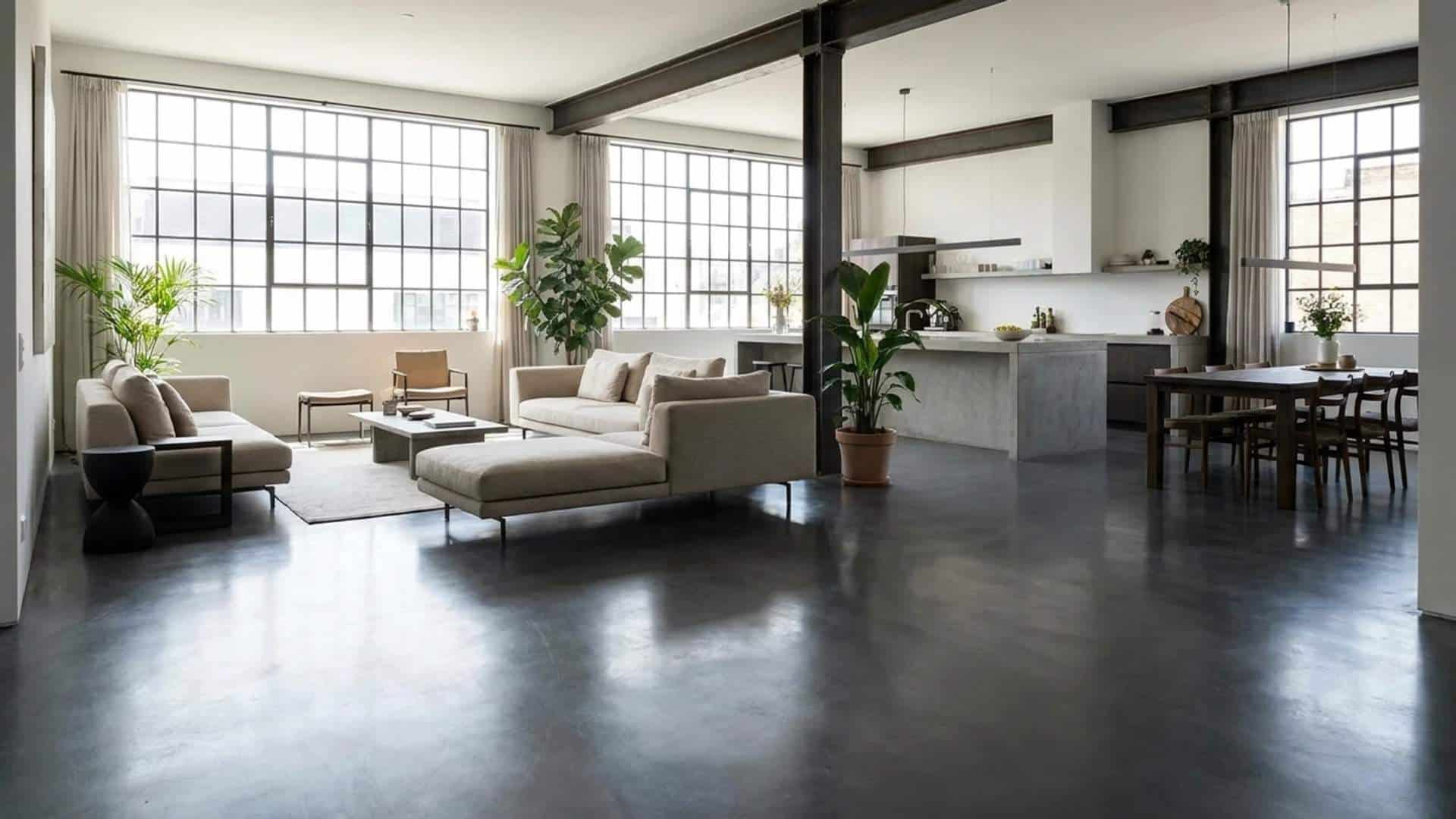 Minimalist, polished industrial gray concrete floor with a seamless glossy finish in an open-concept living area.