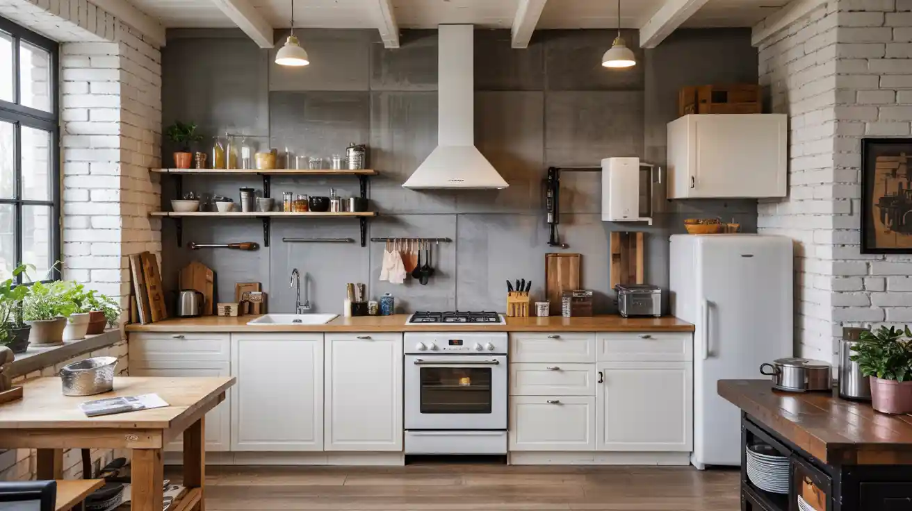 Smooth, minimalist gray concrete panels creating an industrial chic backsplash in a modern kitchen.