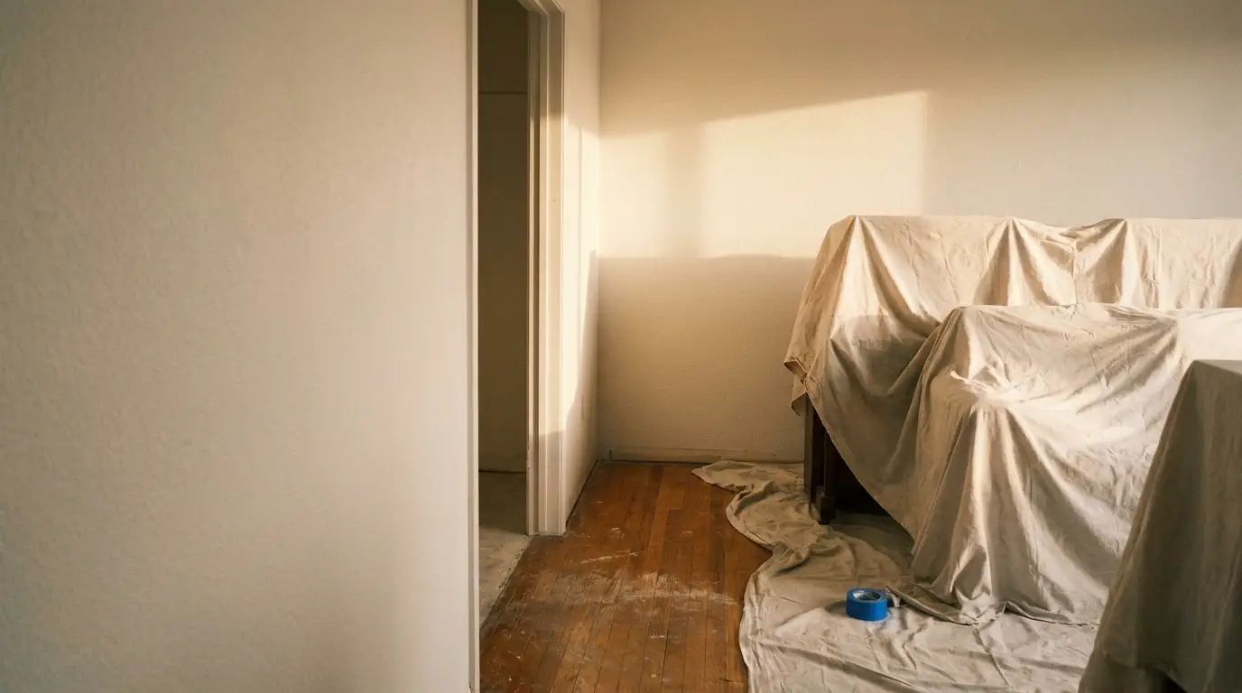 Room with furniture covered in drop cloths and blue painter's tape on wooden floor