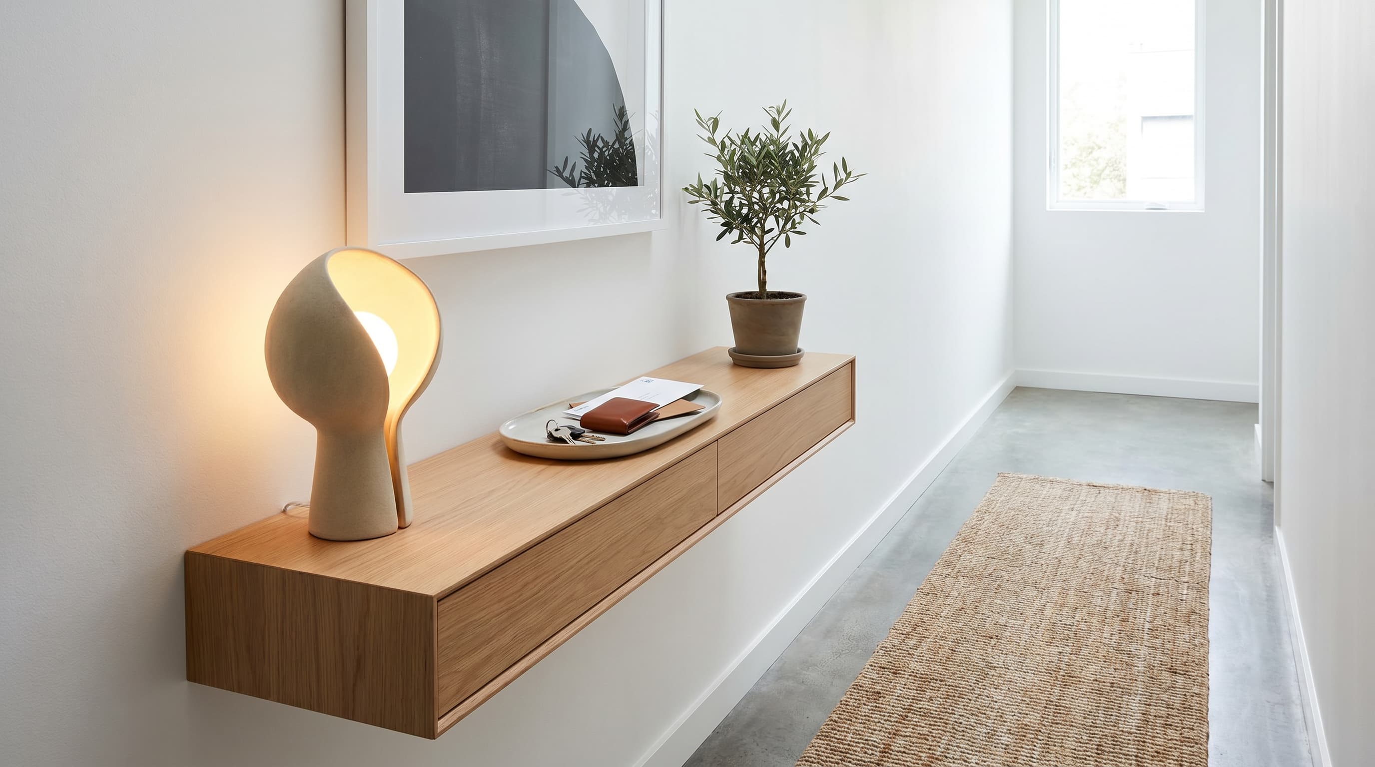 Minimalist hallway decor ideas showcasing a floating console table, sculptural lamp, framed art, and indoor greenery.