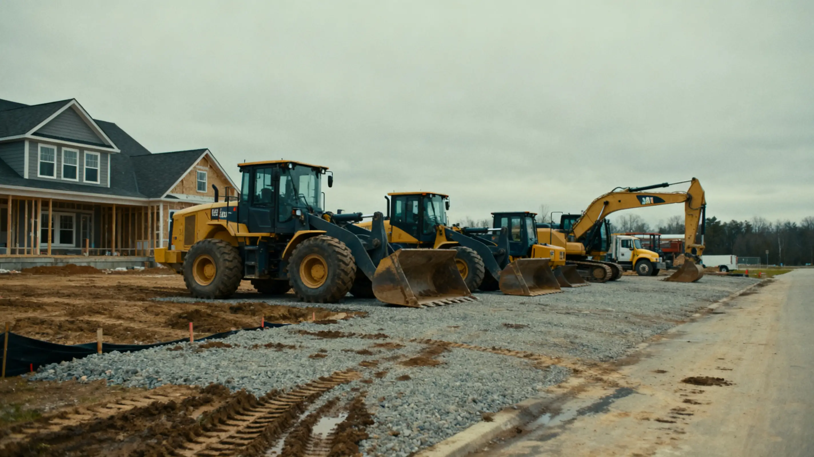 Construction site with heavy machinery and unfinished houses under cloudy sky