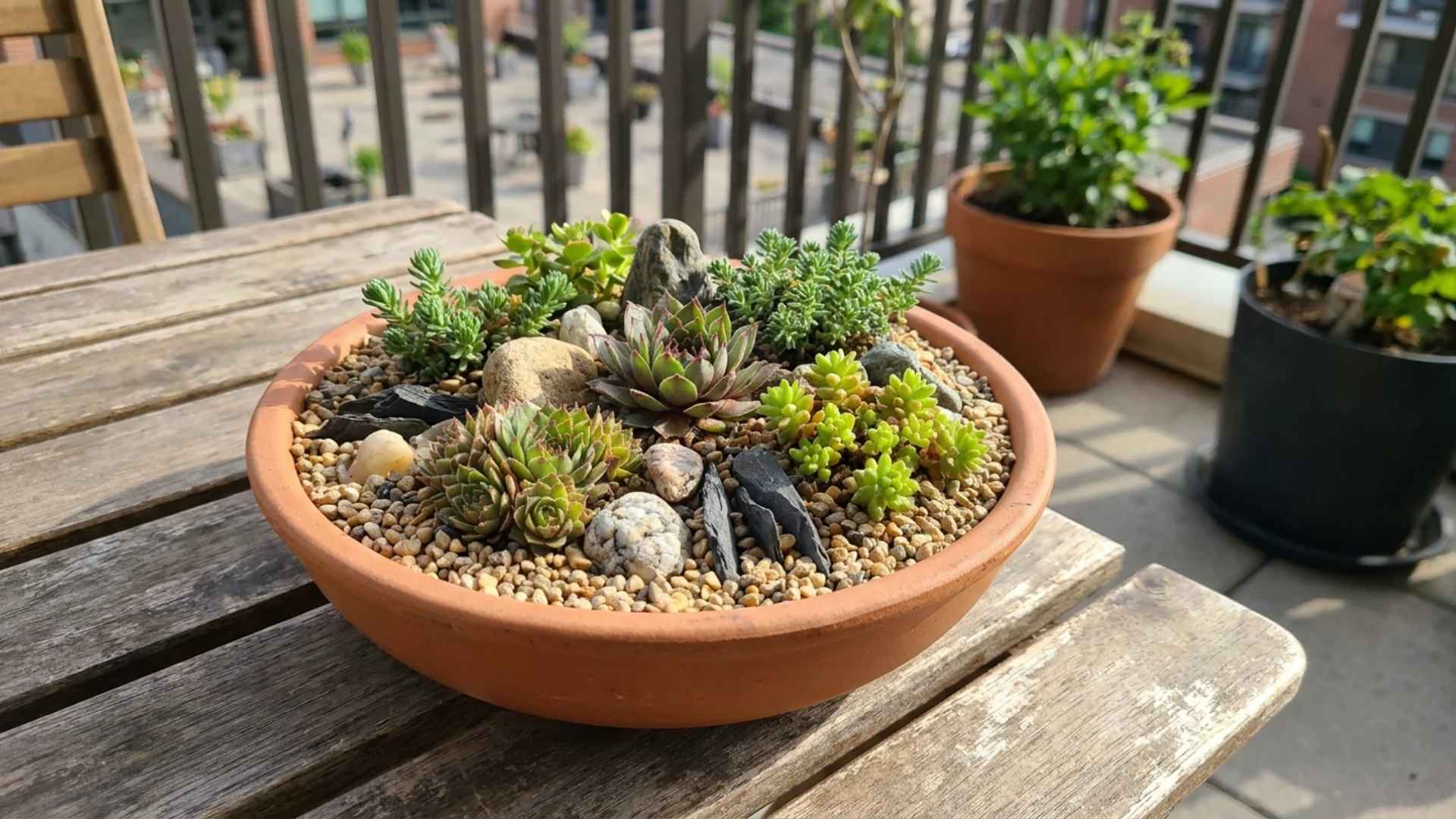 Container rock garden with succulents, pebbles, and decorative stones in a shallow terracotta planter.