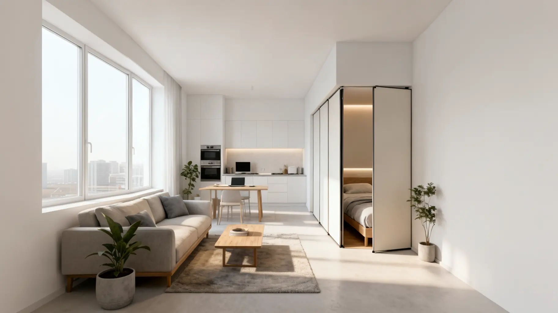 Flexible convertible studio apartment with a partitioned area that can transform between living and bedroom space in a modern, space-saving design.