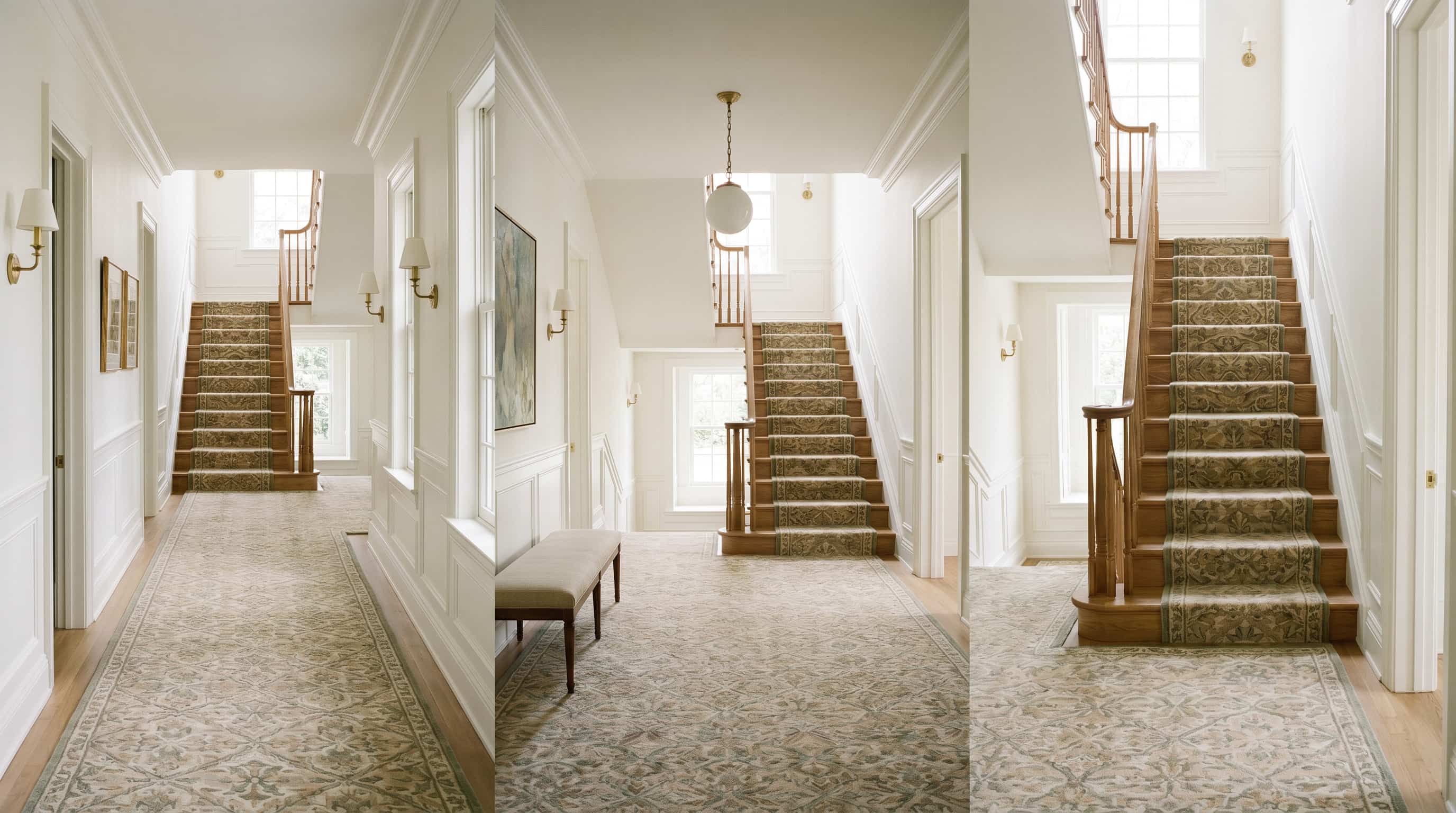 Classic hallway decor ideas with a coordinated stair runner, matching hallway rug, wall sconces, and bright architectural details.