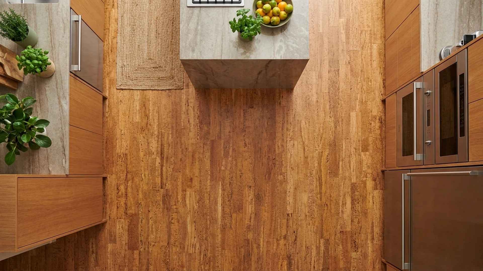 Textured, shock-absorbing natural cork flooring panels providing a warm and resilient surface in a modern kitchen.