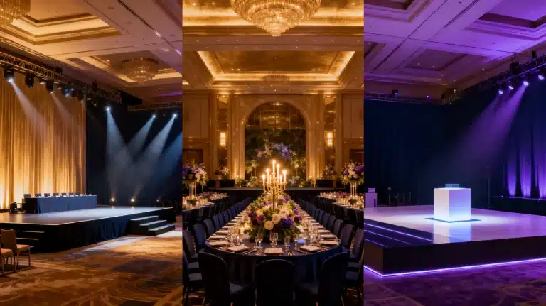 Elegant banquet hall with grand chandeliers, lavish floral arrangements, and illuminated stage designs